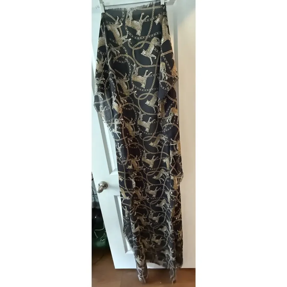 Black Leopard Chain Print Scarf 21x72 Animal Print Fringe Lightweight Wrap Shawl